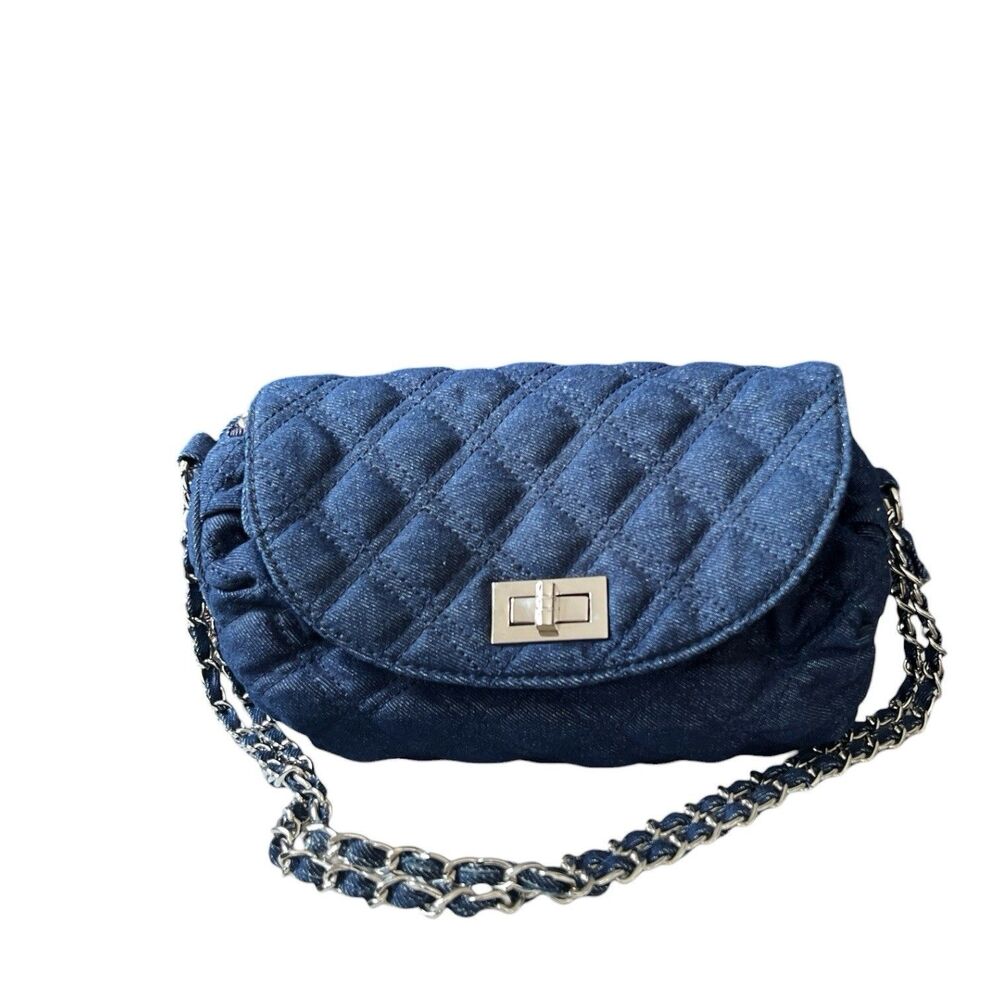 Chicos Denim Quilted Chain Shoulder Bag Blue Purse Silver Hardware 9 x 7-1/2"